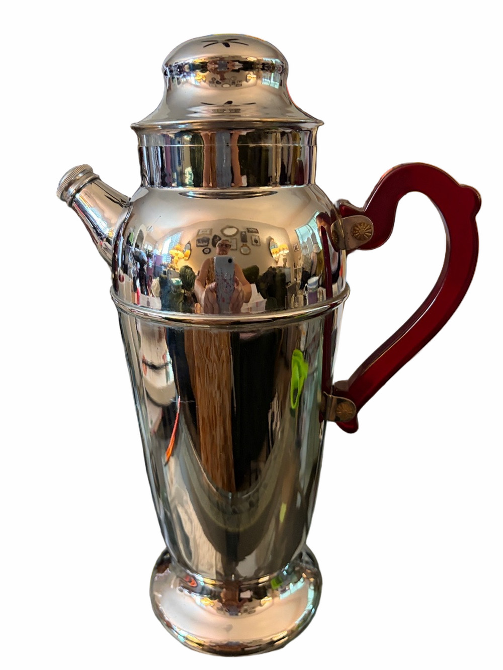 Art Deco chrome vintage cocktail shaker Bakelite red handle. 12” high